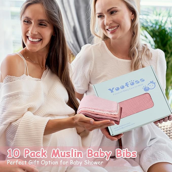 Yoofoss Muslin Baby Bibs 10 Pack 100% Organic Cotton 6-Layer Soft Absorbent Drool Bandana Baby Bibs for Drooling and Teething for Boys and Girls, Gradient Pink