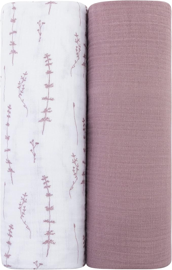 Ely's & Co. Muslin Swaddle Blanket 2-Pack — 100% Cotton Muslin Extra-Large Swaddle Blankets (47” x 47”) Solid + Printed (Delicate Leaves + Solid Lavender)