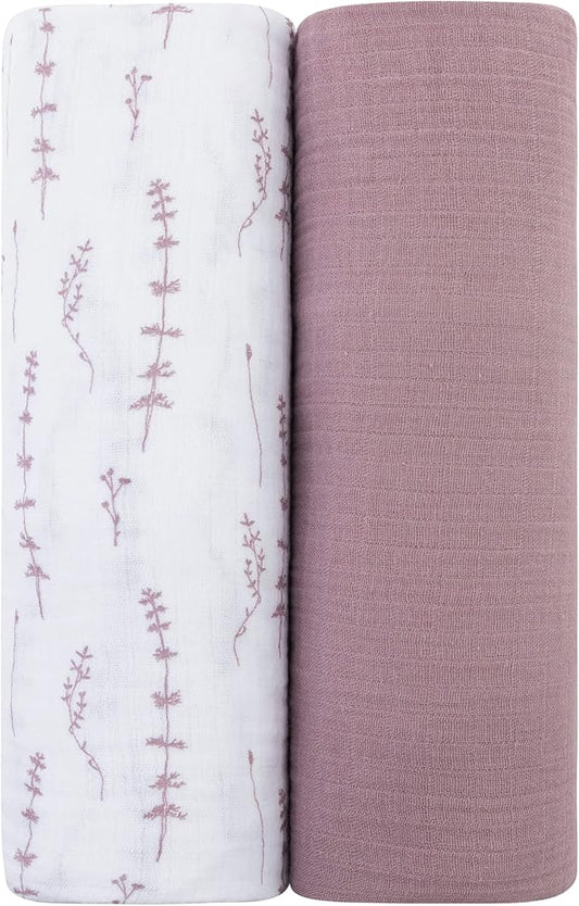 Ely's & Co. Muslin Swaddle Blanket 2-Pack — 100% Cotton Muslin Extra-Large Swaddle Blankets (47” x 47”) Solid + Printed (Delicate Leaves + Solid Lavender)