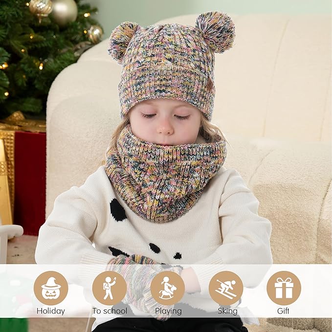 Kids Toddlers Winter Beanie Hats Gloves Neck Scarf Set Mittens Gifts for 0 6 12 Months 1 2 3 4-8 Year Old Baby Girls Boys