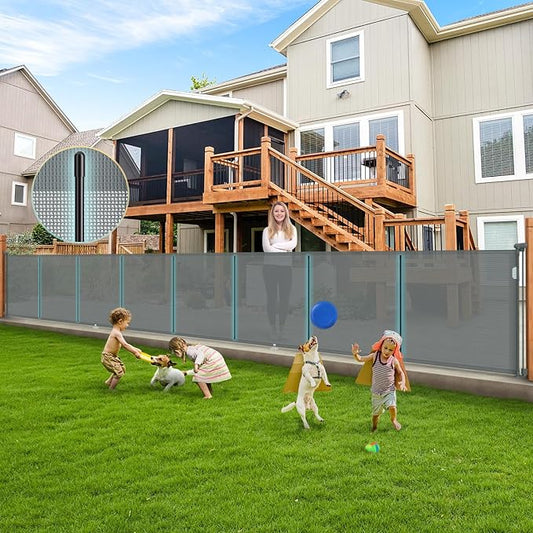 236'' Retractable Baby Gates Extra Wide, 42'' Extra Tall Retractable Dog Gate, 20 FT Grey Indoor/Outdoor Retractable Gate with Reinforcement Rods for Garage, Doorways, Stairs, Decks, Driveway, Patio