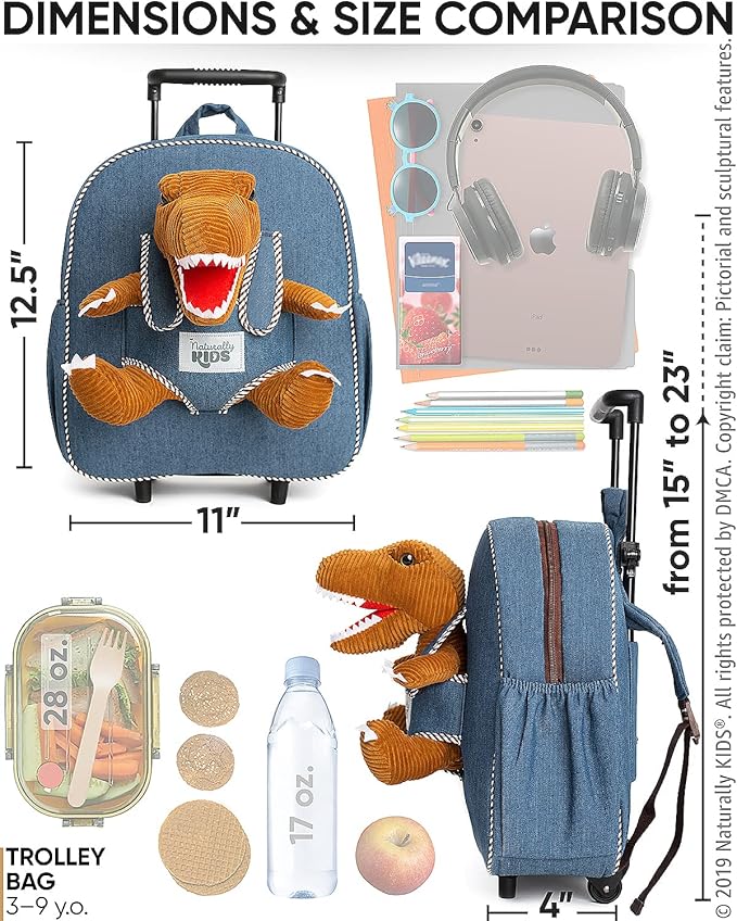Toddler Luggage for Boys w Dinosaur Toys, Kids Rolling Backpack for Boys, Toddler Suitcase, Gifts for 3 4 5 6 Year Old