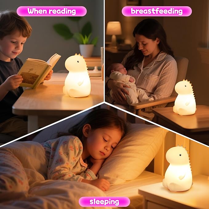 Night Light for Kids, Rechargeable Dimmable Silicone LED Nightlight with 7 Colors, Baby Nursery Night Lamp, Touch Squishy Lamp, Cute Gifts for Girls, Boys, Toddler Room Decor, Dinosaur