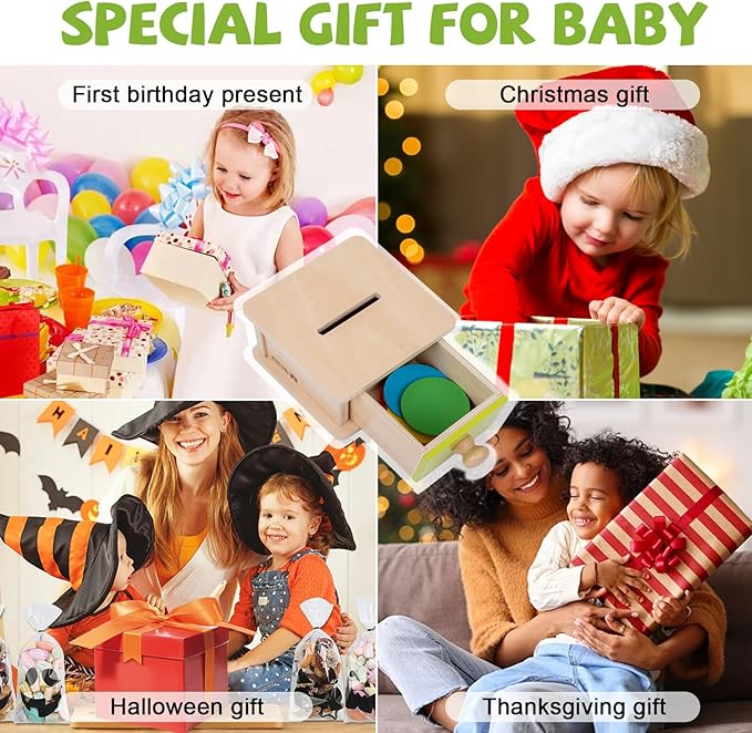 Adena Montessori Coin Box,Object Permanence Box Toys for 1 Year Old Baby Coins,Wooden Montessori Ball Drop Toys Developmental Toys for 6-12 Month Infant Toys,Learning Kids Gifts(Yellow-Green Door)