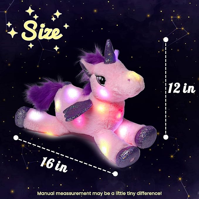 Hopearl LED Plush Unicorn Lighting Up Stuffed Animal Floppy Night Lights Glow in The Dark Birthday Festival for Kids Toddler Girls, Pink, 16''