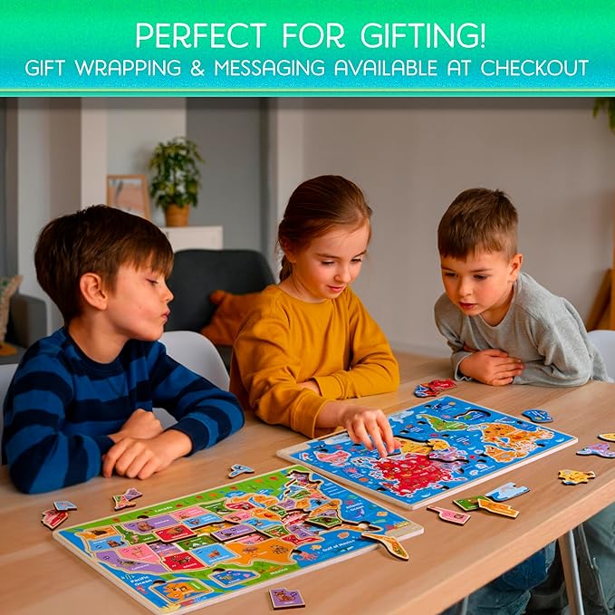 Montessori Mama Wooden Puzzles for Kids Ages 4-6, USA States and Capitols, World Continents and Oceans, Combo Set 2 Toddler Puzzles