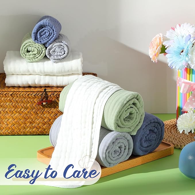 VitalCozy 8 Pcs Baby Muslin Hooded Bath Towels and Washcloths, 32 x 32 Inch Muslin Cotton Hooded Baby Towels Absorbent Blankets for Gift Newborn Infant Shower (Calming Color)