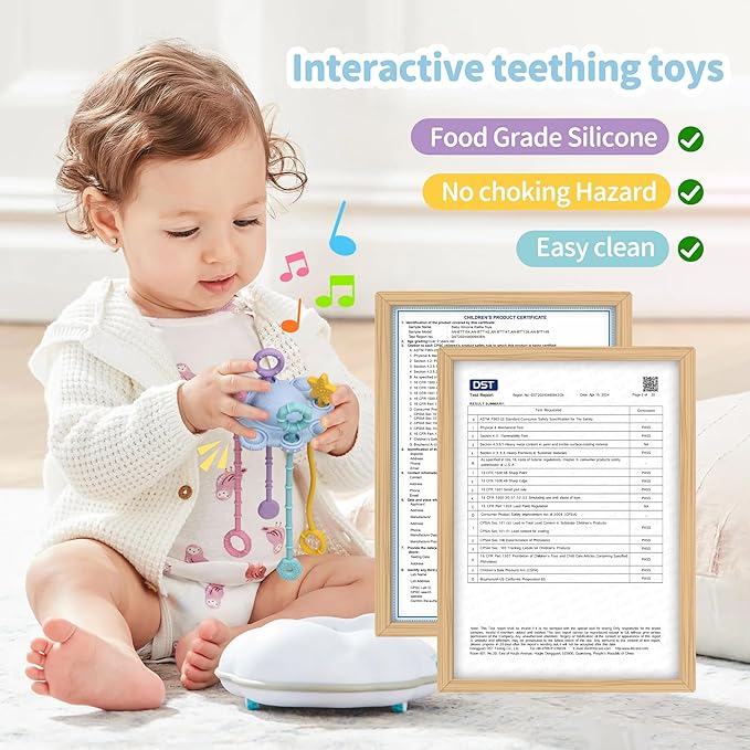 Montesorri-Toys - Pull String Toys for Baby - Made of 100% Food Grade Silicone with Built-in Rattle Function and Easy to Clean Design (Blue)