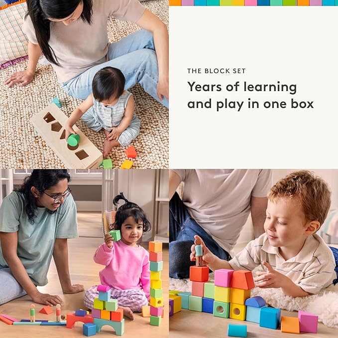 LOVEVERY | The Block Set | Solid Wood Building Blocks and Shapes + Wooden Storage Box, 70 Pieces, 18 Colors, 20+ Activities, Toddler Block Set and Converts into a Pull Car, Ages 12 to 48+ months