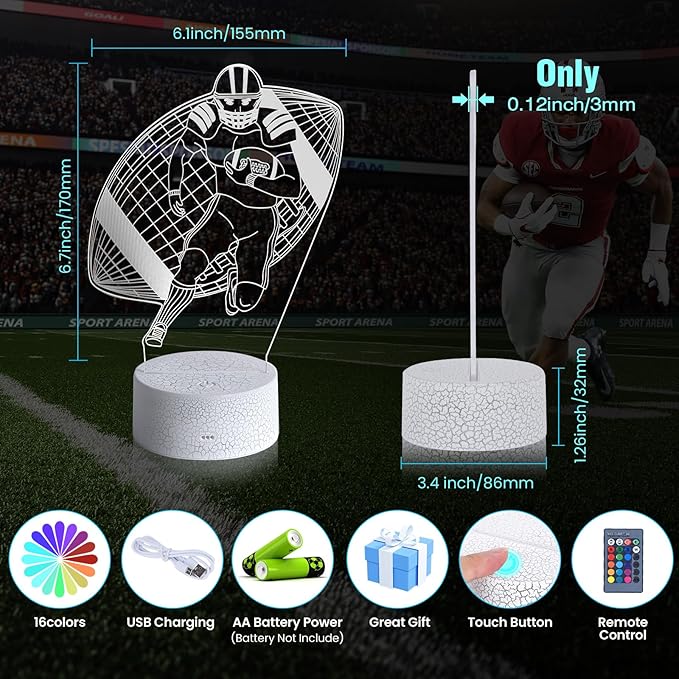 Football Night Light for Boys,3D Illusion Lamp 16 Colors Changing for Birthday and Christmas Gift Room Decoration for Boys and Girls