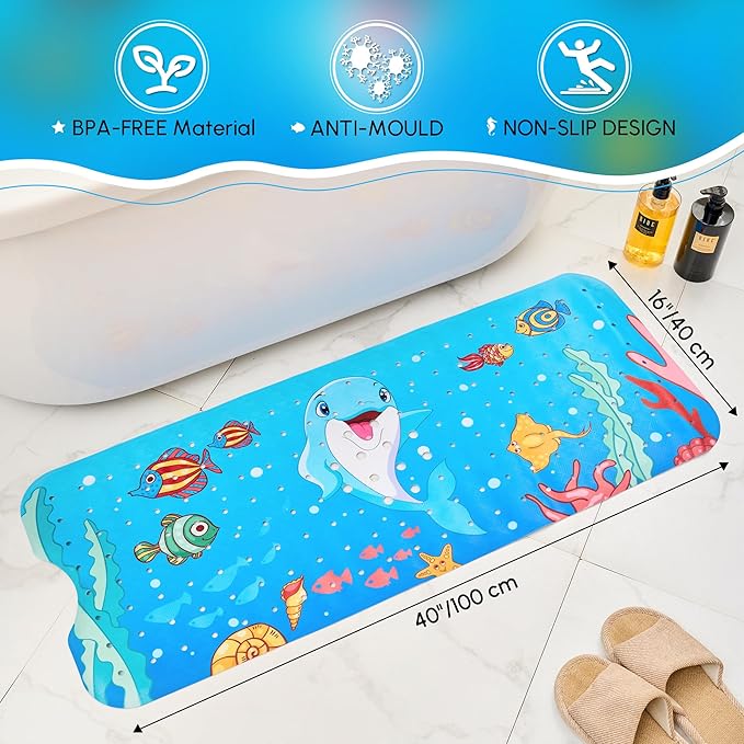 Vannokor Baby Bath Mat for Tub Non Slip Kids, 40 X 16 Inch Extra Long Bathtub Mat with Drain Holes and Suction Cups, Anti Slip Shower Mat Machine Washable, Dolphin