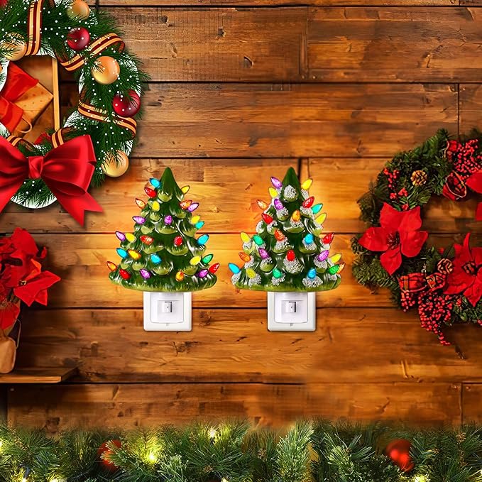 Tfro & Cile Ceramic Christmas Tree Night Light 2 Pack Xmas Decorative Tree Lamp Small Vintage Light Up Bathroom Decor with On/Off Switch for Home Bedroom