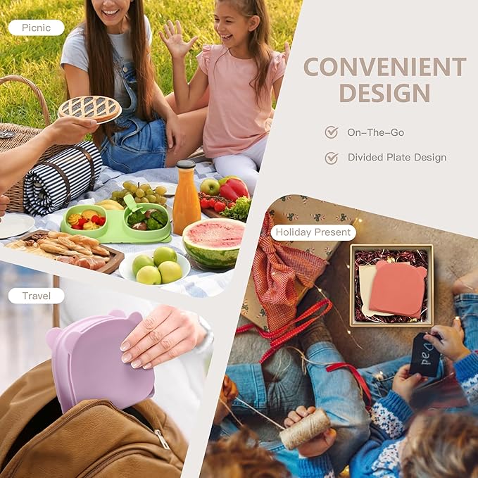 Silicone Foldable Novelty Dinner Plates,Suction Plates for Baby Travel Essential with Forks and Spoons,Microwave & Dishwasher Safe,Purple