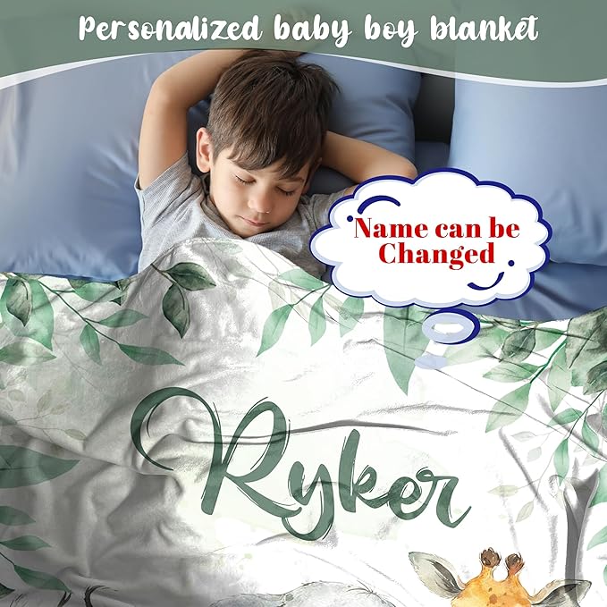 J&SBGFT Personalized Baby Blanket - Custom Baby Blanket with Name - Receiving Blankets for Toddler's Nursery, Stroller, Crib; Safari Animal