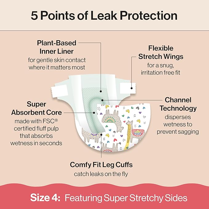 The Honest Company Clean Conscious Diapers for Delicate Skin, Up to 100% Leakproof Hypoallergenic Fragrance-Free Baby Diapers, Girl Prints, Super Club Box, Size 4 (22–37 lbs), 104 Count (Prints Vary)