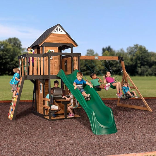 Backyard Discovery Canyon Creek Cedar Wood Swing Set with Wave Slide, Clubhouse, Play Kitchen, Picnic Area, Belt Swings, Web Swing, Rock Wall, Balconies, Playhouse, Step Ladder, Outdoor Playset
