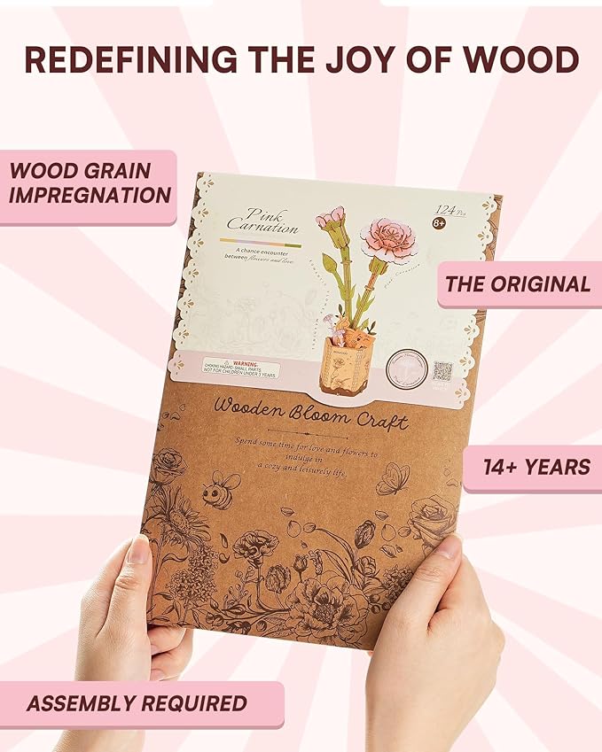 3D Flower Wooden Puzzles for Adults-Pink Carnation, DIY Wooden Flowers Model Kit Building Set Crafts for Adults to Build, Botanical Collection/Ideal Creative Gift Ideas/Housewarming (124PCS)