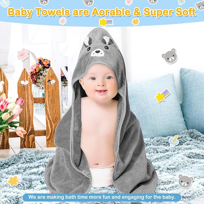 4 PCS Hooded Baby Towels, Soft Baby Towel, Absorbent Baby Bath Towel, Baby Towels and 3 PCS Baby Washcloths for Newborns, Toddlers, and Kids, 32x32 in Baby Towel with Hood for Boy and Girl (Gray Bear)
