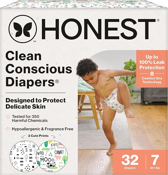 The Honest Company Clean Conscious Diapers for Delicate Skin | Up to 100% Leakproof | Hypoallergenic, Fragrance Free | Gender Neutral | Club Box, Size 7 (41+ lbs), 32 Count (Prints May Vary)