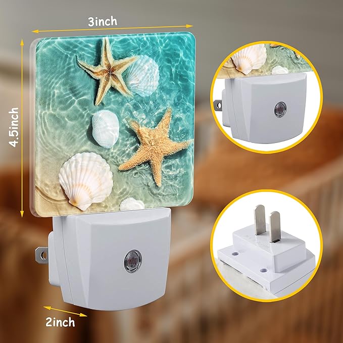 Starfish and Shell in Beach Sea Water Night Light Plug Wall,LED Night Lights with Dusk to Dawn Light Sensor for Women Girls Boys Room Decor,Hallway,Kitchen,Bathroom,Nursery,Stairs