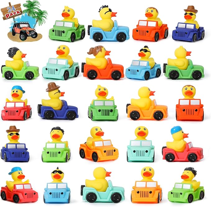 XY-WQ 24 Pack Jeep Rubber Ducks - 3" Bulk Floater Ducks for Kids - Vehicle Shaped - Baby Bath Toy Assortment - Party Favors, Birthdays, Bath Time & More (8 Varieties)