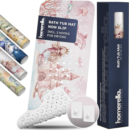 Homerella Baby Bath Tub Mat | Anti Mold Mildew Resistant Non Slip Kids and Adult Bath Tub Shower Mats | 40x16 inch Long with Suction Cups for Secure Grip Hooks for Storage & Drying | Machine Washable