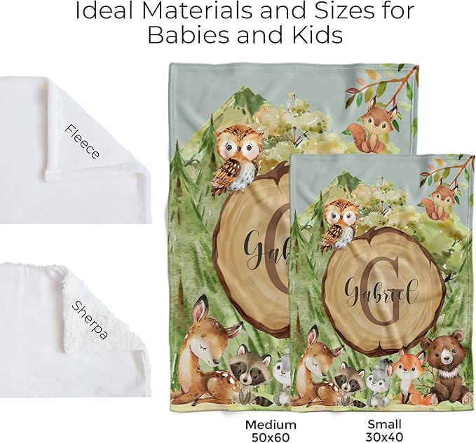 MDPrints Custom Baby Blankets for Boys and Girls, Personalized Baby Gifts, Customized Newborn Blanket with Name, Minky Plush Fleece (Woodland HA75)