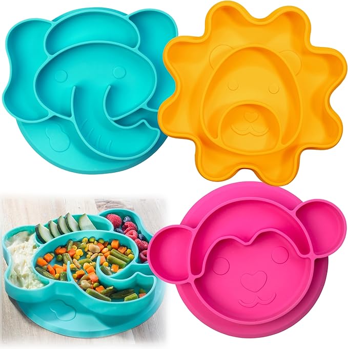 Animal Silicone Compartment Plates- 3 PK Lion, Monkey, Elephant- Large Divided Sections for Easy Grabbing Baby Food Training, Non-Slip Unbreakable Material, Flexible Shapes for Toddlers, Kids-BPA Free