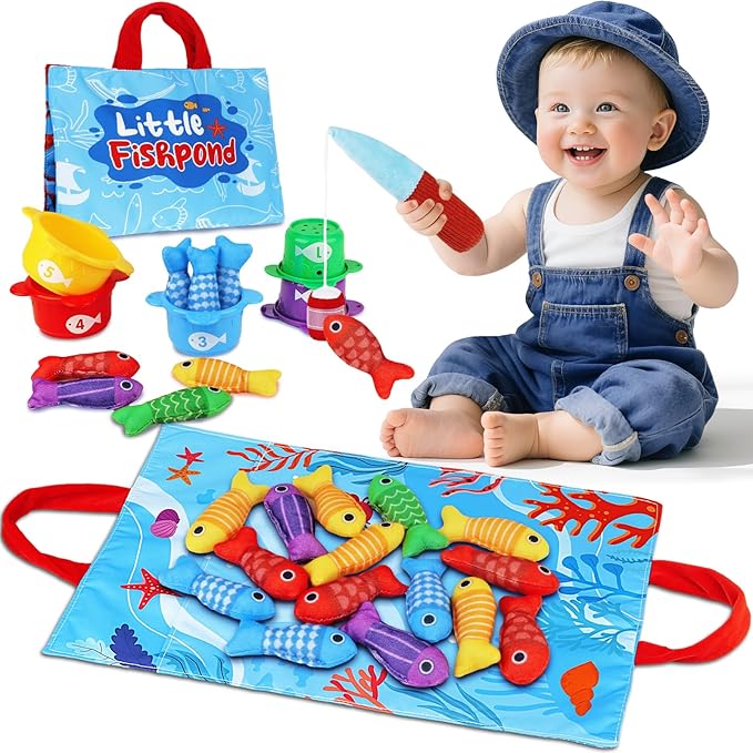 Montessori Toys for 1 Year Old Boy Girl Birthday Gift - Toddler Toys Cloth Fishing Game with Stacking Cups 1-3 - Number Counting Color Sorting Learning Baby Toy 12-18 Months