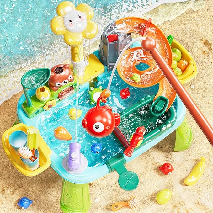 Water Table Play Sink Toys for Toddlers, Kids Play Kitchen Sink with Running Water, 360° Electric Faucet, Floating Fishing Game, Sensory Water Table Toys for Boys Girls Summer Gifts