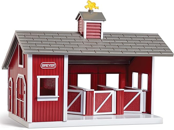 Breyer Stablemates Red Stable Set with 2 Horses – Realistic Horse Toys for Girls Ages 4–8, Barn Playset with Fencing, Barrels & Trough, Creative Gift for Kids, Imaginative Horse Play