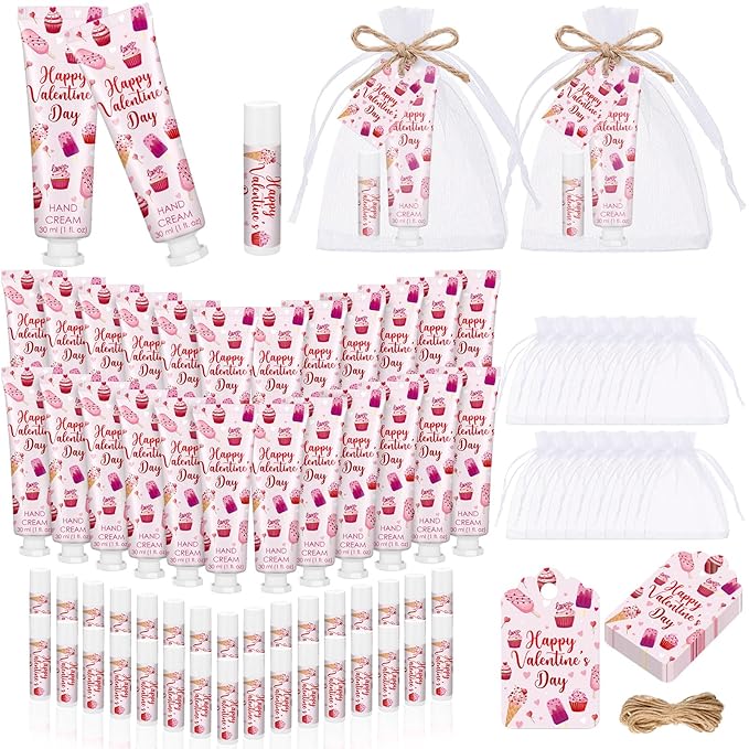 24 Sets Valentines Day Hand Cream and Lip Balm Gift Valentine's Day Party Favors for Guest Strawberry & Cherry Travel Size Hand Lotion and Lip Balm Bulk Bridal Shower Party Supplies
