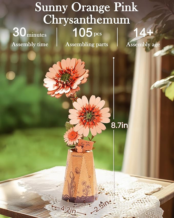 3D Flower Wooden Puzzles for Adults-Gerbera Daisy, DIY Wooden Flowers Model Kit Building Set Crafts for Adults to Build, Botanical Collection/Ideal Creative Gift Ideas/Housewarming (105PCS)