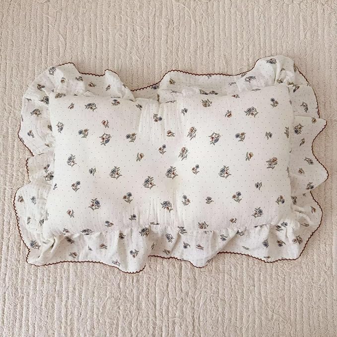 BuLuTu Crib Size Toddler Pillowcase 1 pc, 14"x20", Oeko-TEX Certified 100% Cotton Gauze Pillow Cases for Girls Boys Sensitive Skin, Pansy Floral Print with Dots Pillow Cover, Soft Breathable