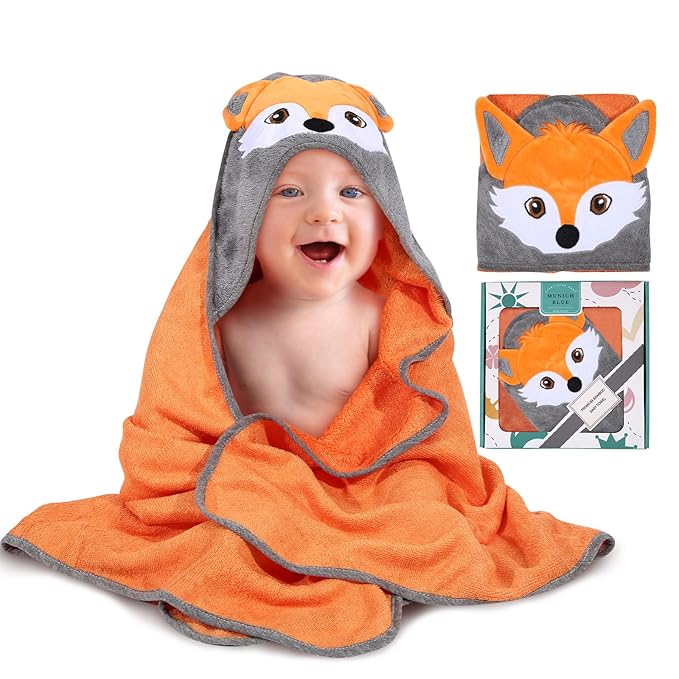 Munich Blue Toddler Bath Towel & Baby Bath Towels - Extra-Large, Plush, and Absorbent Toddler Towels - Cute Fox Face Design Vibrant Orange - Hooded Baby Towels, Soft Bamboo Viscose, Newborn Essential
