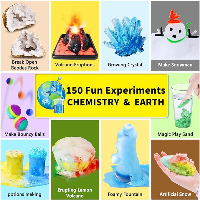 UNGLINGA 150 Experiments Science Kits for Kids Boys Girls, S.T.E.M Kit Toys Gifts Ideas Birthday Christmas, Chemistry Break Geodes, Volcano, Physics Educational Activities Project