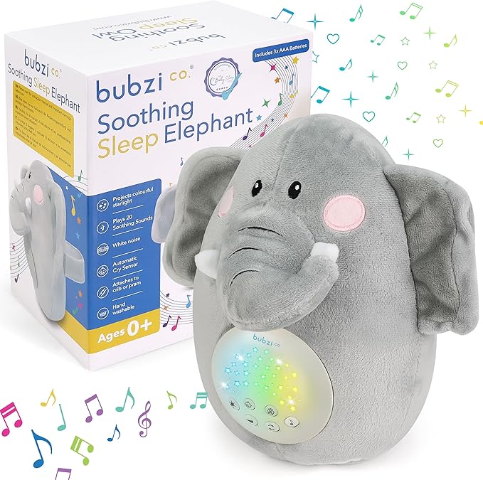 Bubzi Co Sound Machine, Portable Elephant Soother & Night Light Projector, Comforting Electronic Infant Toddler Sleep Aid & Baby Shush With White Noise