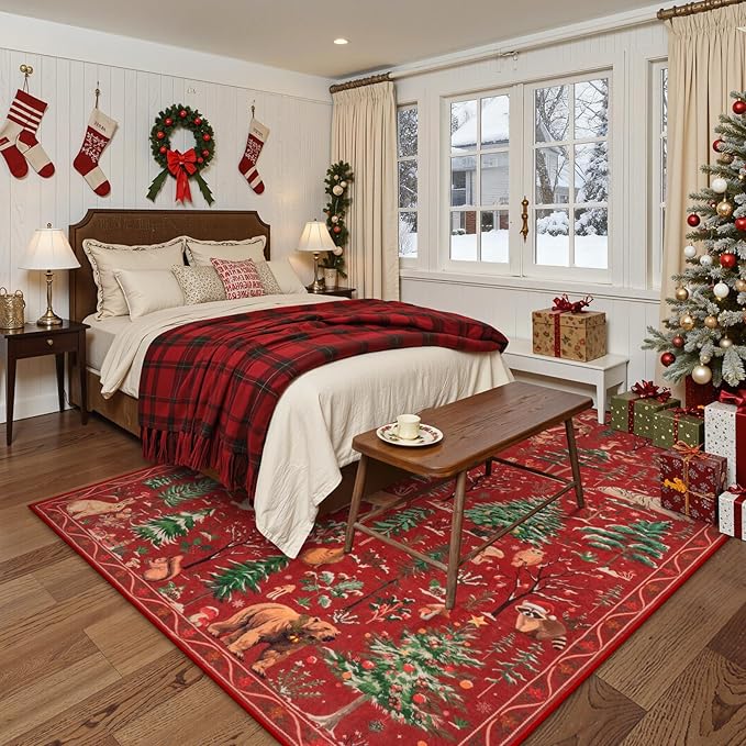 OJIA Christmas Area Rug 8x10 Red Animal Living Room Carpet Bedroom Throw Rug, Holiday Washable Rugs Non-Slip Soft Low Pile Kids Nursery Rug Large Carpet for Playroom Dining Room Home Decor