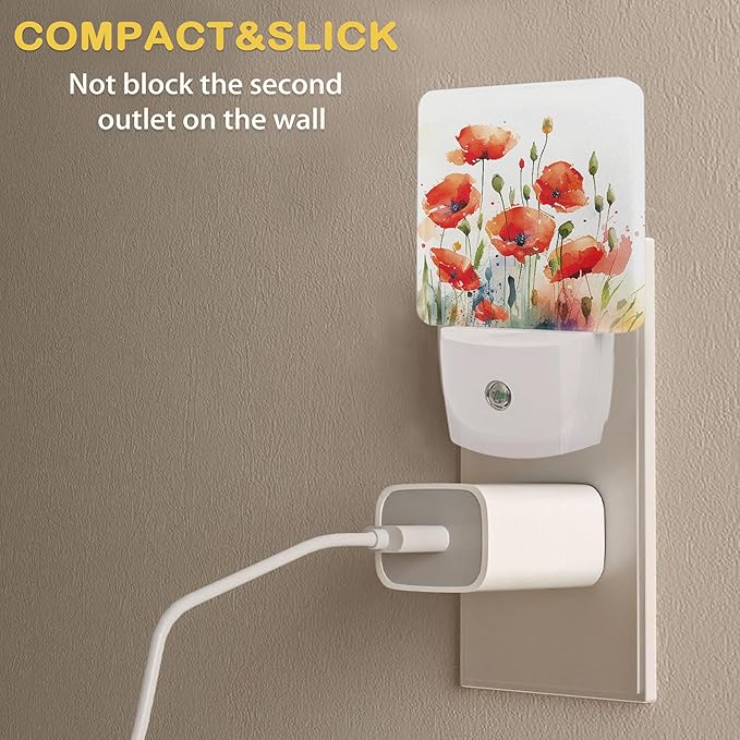 Red Poppy Flowers Night Light, Red Flowers Night Lights Plug Into Wall with Dusk to Dawn Sensor Wall Lamp, Nightlights for Bedroom, Bathroom, Hallway, Kitchen, Gifts Ideal for Girls Women