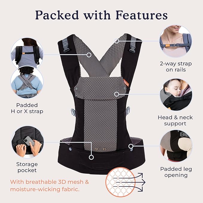 Beco Gemini Baby Carrier from Newborn to Toddler - Certified Ergonomic Newborn Baby Carrier for Infants and Children of 7-35 lbs - M Shape, Adjustable Seat, Breathable 3D Mesh (Cool Black)