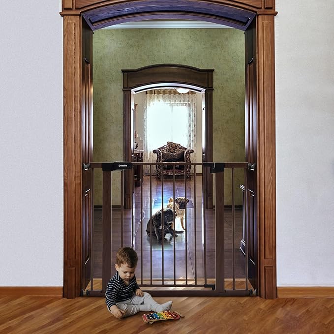 Mom's Choice Award Winner-BABELIO 26-40" Metal Baby Gate with Black Wood Pattern, PressGuard C5 Easy Install Pressure Mounted Dog Gate for Stairs and Doorways, with Wall Protectors and Extension Kits