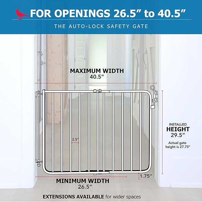 Cardinal Gates MG15 Auto-Lock Baby Gate - Adjustable Indoor Dog Gate - Aluminum Safety Gate for Kids & Pets - 26.5 to 40.5 Inches Wide - White