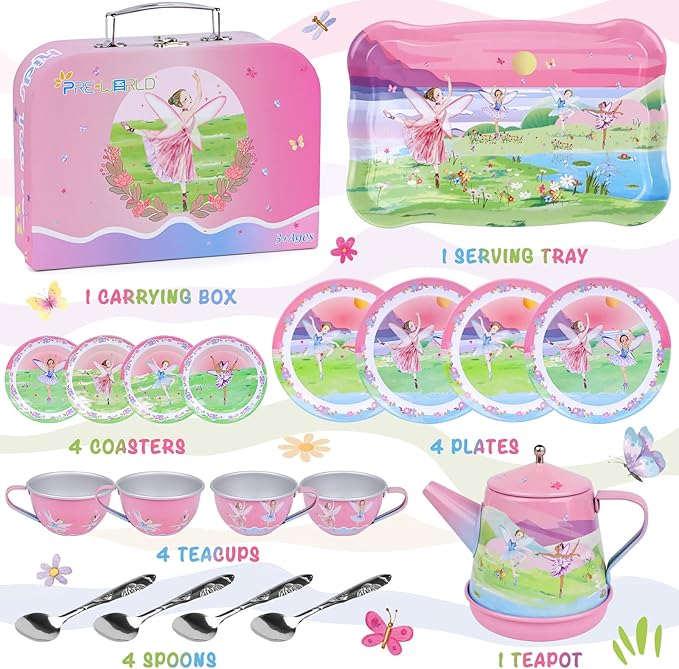 Tea Party Set for Toddles 3-5,53PCS Musical Kids Tea Set for Little Girls with Dessert,Cookies,Doughnut,Cake,Cake Stand,Tablecloth & Carrying Case,Kitchen Pretend Play Toys for Girls Boys Age 3-6
