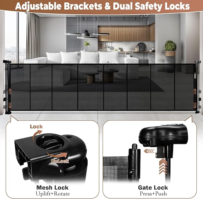 236" Retractable Baby Gate Extra Wide, 41" Tall Retractable Dog Gate for Stairs, Doorways, Decks, Mesh Gate Long Child Gate Pet Gate for Indoor, Outdoor, with Reinforced Mesh Rods, Dual Locks