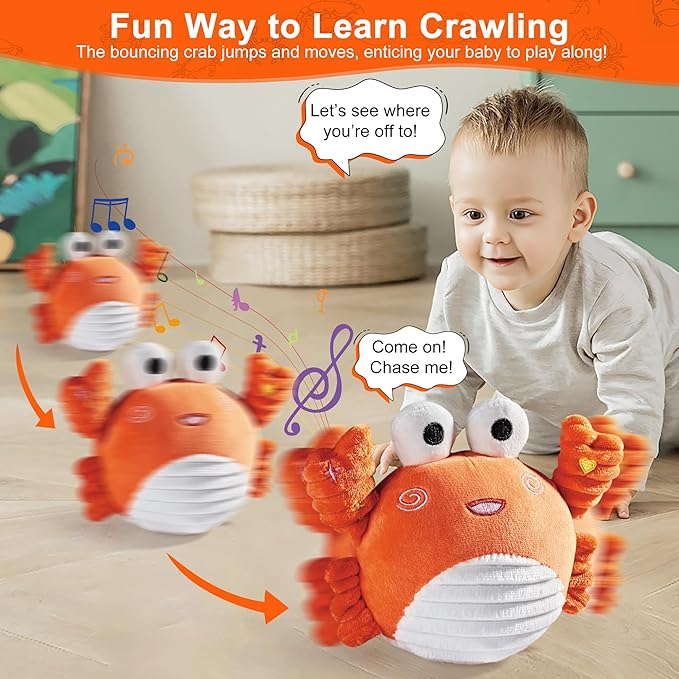 Musical Crawling Crab Toy – Ultra-Soft Dancing Baby Toy, Talking, Bouncing, Interactive Infant Sensory & Tummy-Time Motivator for 0–6 Months & 6–12 Months