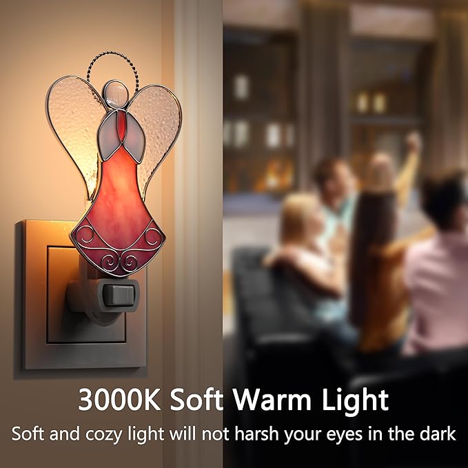 Night Lights Plug Into Wall Stained Glass 7W Plug in Night Light Dusk to Dawn 3000K Warm White Nightlight Switch-On/Off for Adult Kids Room Bathroom Hallway Kitchen Non-Dim (Pink Angel 5" H)