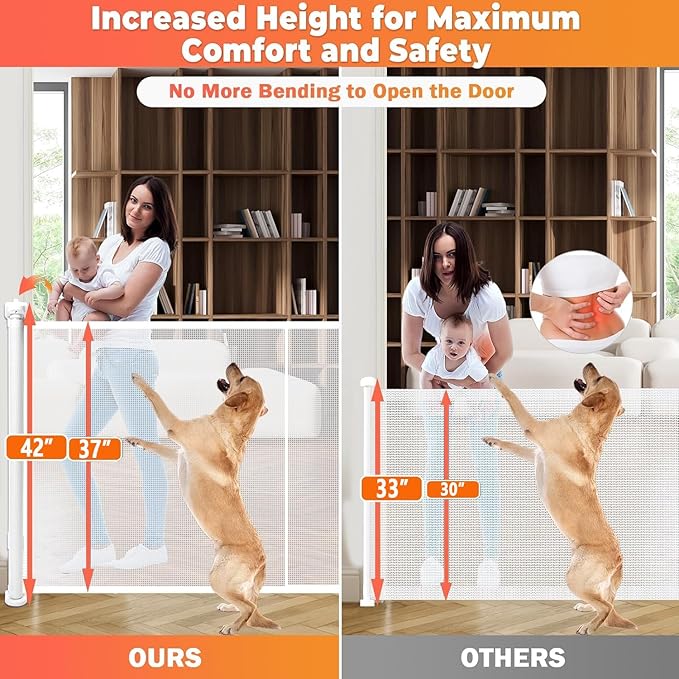 Retractable Baby Gates Dog Gate - 200" Extra Wide Expandable Child Safety Gate, 37" Tall Toddler Pet Mesh Gate with Reinforced Strips for Doorways, Stairs, Hallways, Outdoor & Indoor Large Openings