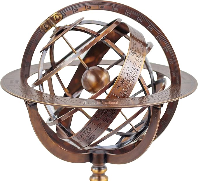 Nagina International Antique Vintage Zodiac Armillary Brass Sphere Globe Wooden Display | Pirate's Antique Ship Decor (XL, Antique Brass)