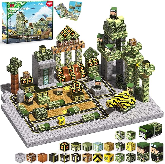 Magnetic Blocks-100PCS Military Building Blocks Set, Kids Classroom Sensory Toy for Toddlers STEM Learning, Construction Stacking Toy for Kids 3+ Boys and Girls Christmas Birthday Gifts Toys