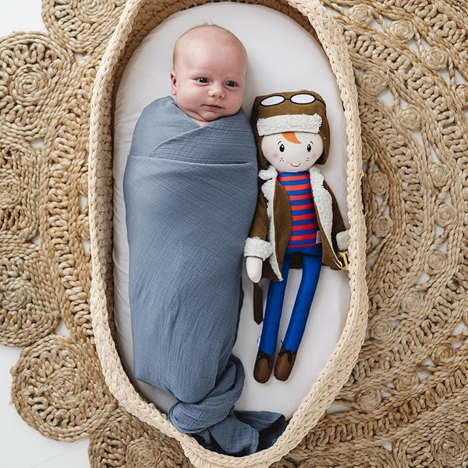 Ely's & Co. Muslin Swaddle Blanket 2-Pack — 100% Cotton Muslin Extra-Large Swaddle Blankets (47” x 47”) Solid + Printed (Blue Garden Flower)